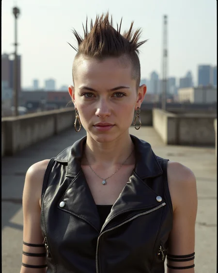 35mm photo of punk woman in leather vest with hair shaved on sides and spiked on top, tough in industrial city, masterpiece