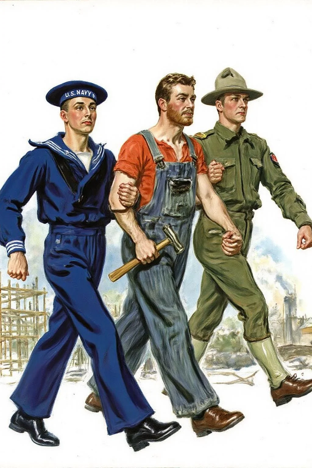 jamesmontgomeryflagg1 illustration.
Three men walking with arms locked. The man on the left wears a blue naval uniform with a "U.S. NAVY" cap. The middle man wears overalls and a red shirt, holding a hammer. The man on the right wears a U.S. Marine military uniform and a wide-brimmed hat. In the background, a construction site with scaffolding and a large structure emitting smoke. <lora:jamesmontgomeryflagg1_cap_d8a4e12:1.0><lora:859128610278095295:0>