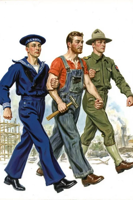 jamesmontgomeryflagg1 illustration.
Three men walking with arms locked. The man on the left wears a blue naval uniform with a "U.S. NAVY" cap. The middle man wears overalls and a red shirt, holding a hammer. The man on the right wears a U.S. Marine military uniform and a wide-brimmed hat. In the background, a construction site with scaffolding and a large structure emitting smoke. <lora:jamesmontgomeryflagg1_cap_d8a4e12:1.0><lora:859128610278095295:0>