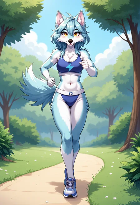 A detailed full body illustration of the AFG furry anthro wolf girl with light blue and white fur and yellow eyes wearing a sports bra and gym shorts while jogging in the park. The sports bra features a blue lightning sign.
<lora:Anza_Furry_Girls_Flux:0.8>