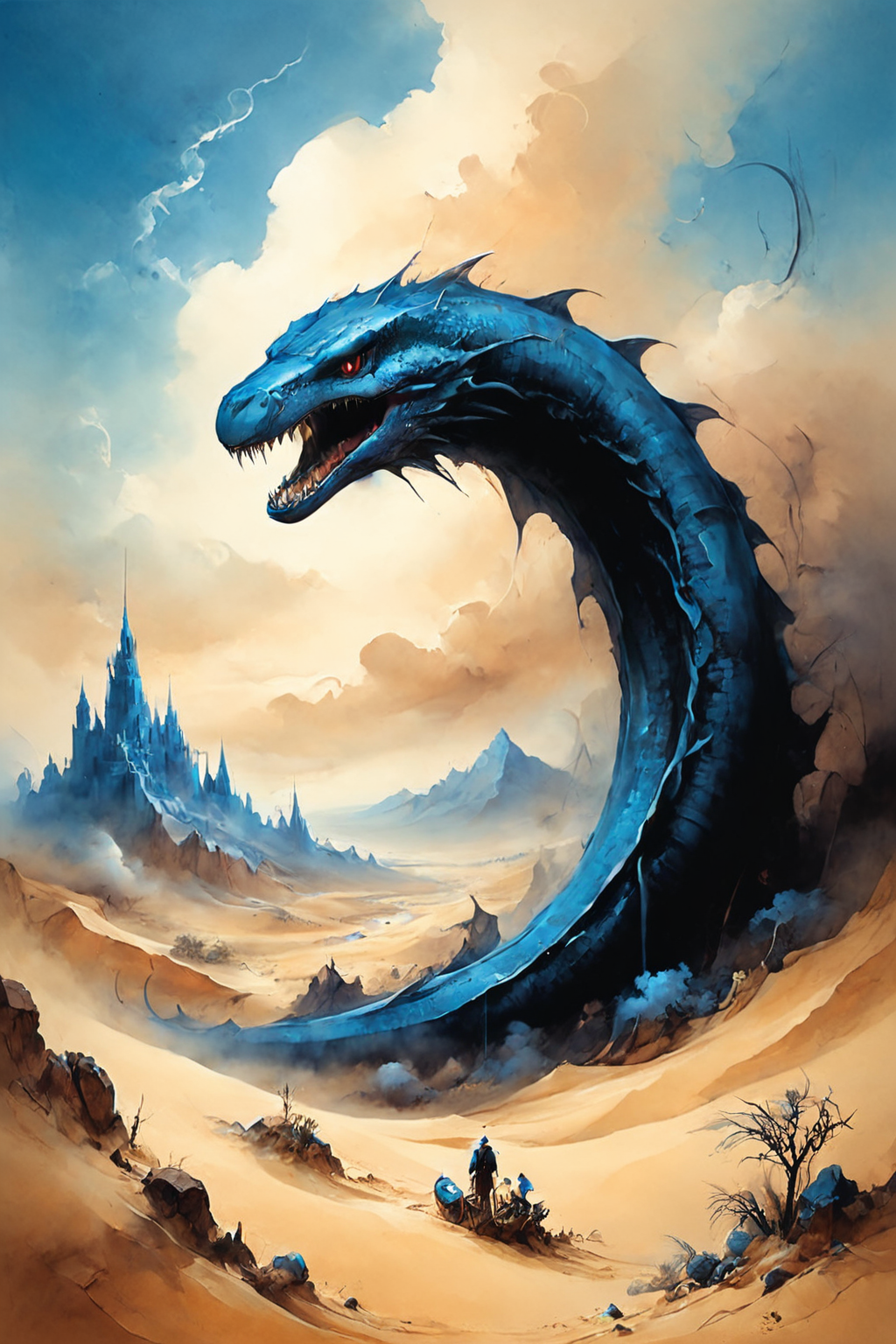 RAW photo of a Giant sandworm burrowing beneath desert dunes at a Floating city above azure clouds, <lora:Ethereal_Grace:0.7>,  <lora:ParchartXL-1.5:0.7> on parchment, ink illustration