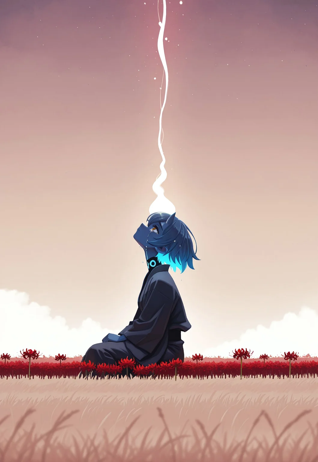 kunitarouartstyle, masterpiece, best quality, absurdres, highres, highly detailed, dynamic composition, vivid colors, pixel art shading, 1monstergirl, solo, a sad, serene bioluminescent cybernetic blue oni woman, wearing a wire kimono, sitting in a field surrounded by red spider lilies, side profile, looking up, crying, neon, wires, calm, mysterious misty background, dreamlike