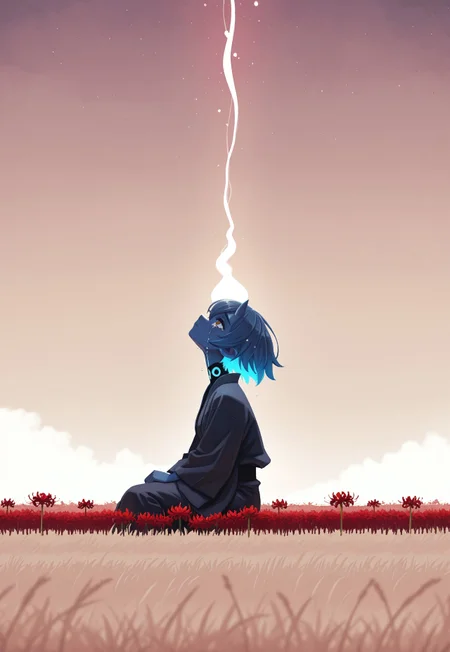 kunitarouartstyle, masterpiece, best quality, absurdres, highres, highly detailed, dynamic composition, vivid colors, pixel art shading, 1monstergirl, solo, a sad, serene bioluminescent cybernetic blue oni woman, wearing a wire kimono, sitting in a field surrounded by red spider lilies, side profile, looking up, crying, neon, wires, calm, mysterious misty background, dreamlike