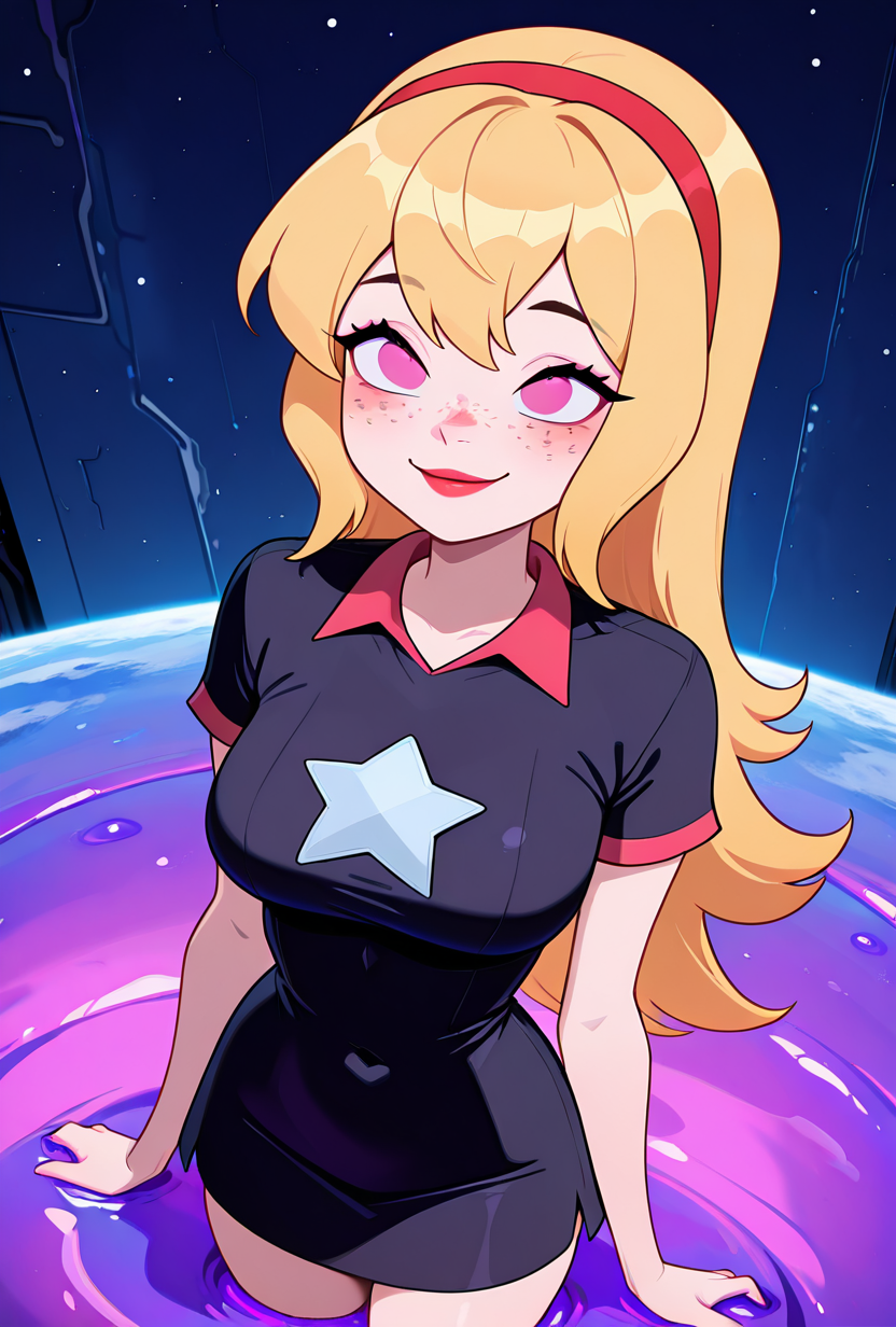 <lora:lucybig:1>, solo, lucybig, long hair, blonde hair, red hairband, pink eyes, lipstick, smile, short sleeves, star (symbol), short dress, black dress, freckles, made from purple slime, covered in purple slime,, on space planet, purple brown slime, emerging from slime,, masterpiece, best quality, amazing quality, very aesthetic, absurdres, newest,