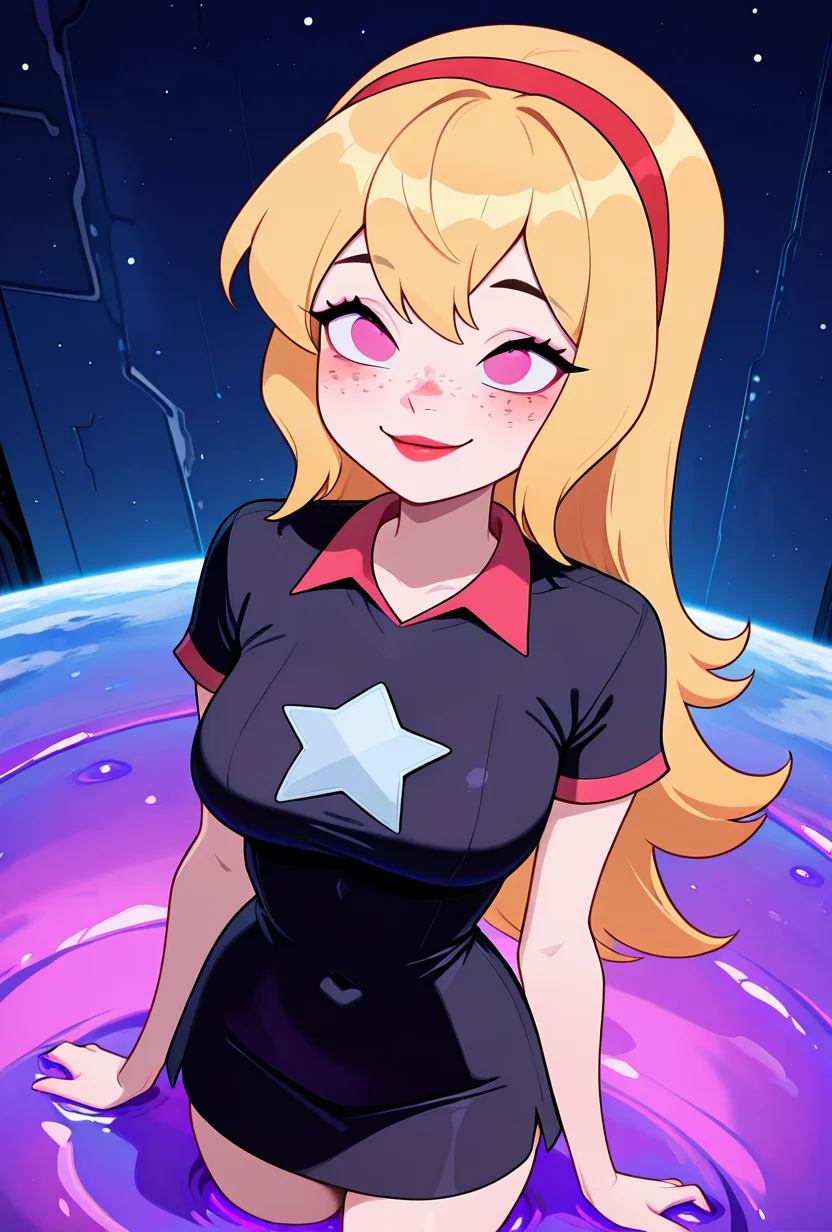 <lora:lucybig:1>, solo, lucybig, long hair, blonde hair, red hairband, pink eyes, lipstick, smile, short sleeves, star (symbol), short dress, black dress, freckles, made from purple slime, covered in purple slime,, on space planet, purple brown slime, emerging from slime,, masterpiece, best quality, amazing quality, very aesthetic, absurdres, newest,