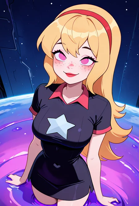 <lora:lucybig:1>, solo, lucybig, long hair, blonde hair, red hairband, pink eyes, lipstick, smile, short sleeves, star (symbol), short dress, black dress, freckles, made from purple slime, covered in purple slime,, on space planet, purple brown slime, emerging from slime,, masterpiece, best quality, amazing quality, very aesthetic, absurdres, newest,
