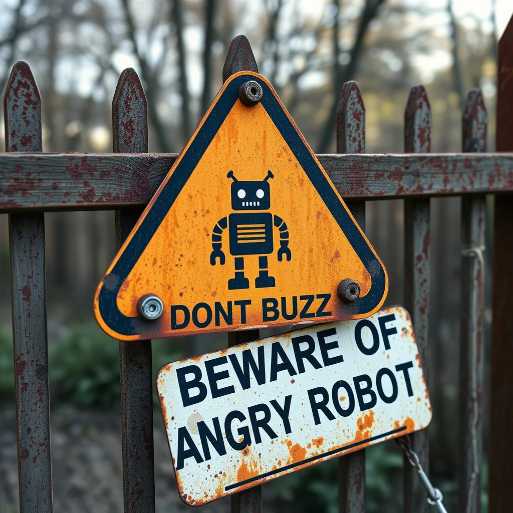 Rusty warning sign with evil mean robot icon on fence, "DONT BUZZ" "BEWARE OF ANGRY ROBOT"