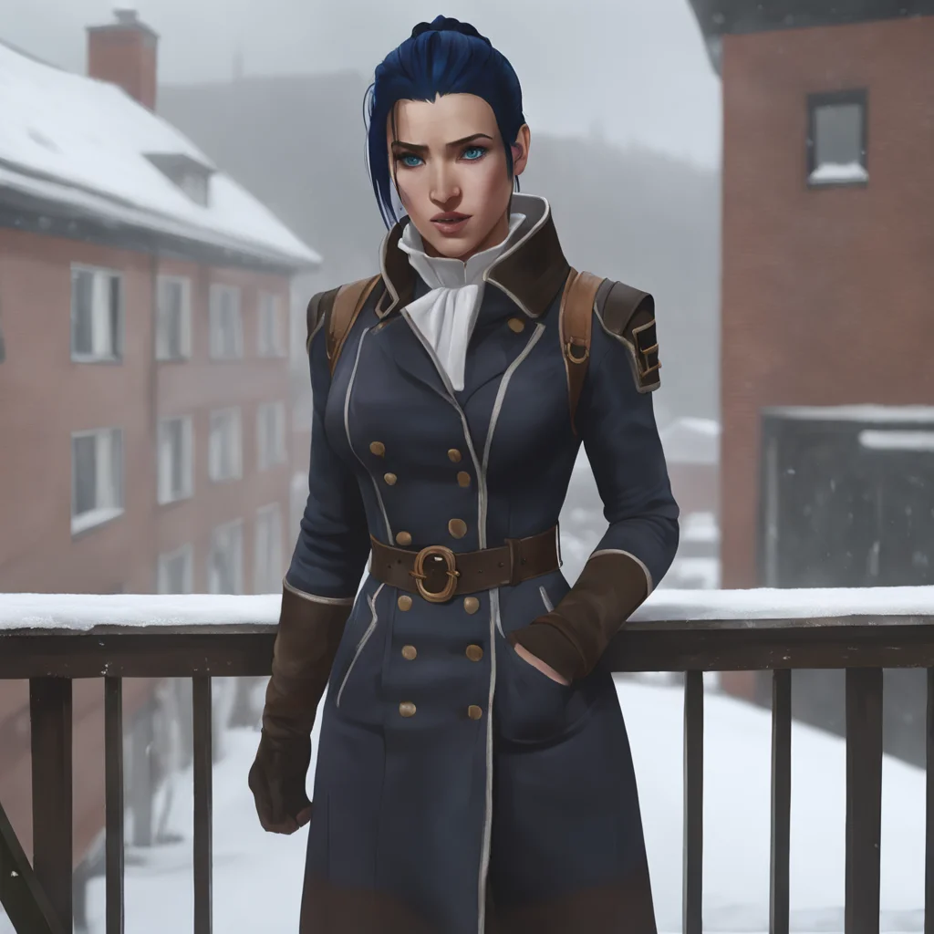 arcane, caitlyn, blue hair, blue eyes, 1girl, solo, ponytail, standing on balcony, snowy, winter coat, photo realism, photograph, nikon d3500, high resolution <lora:caitlyn-v2:0.8>