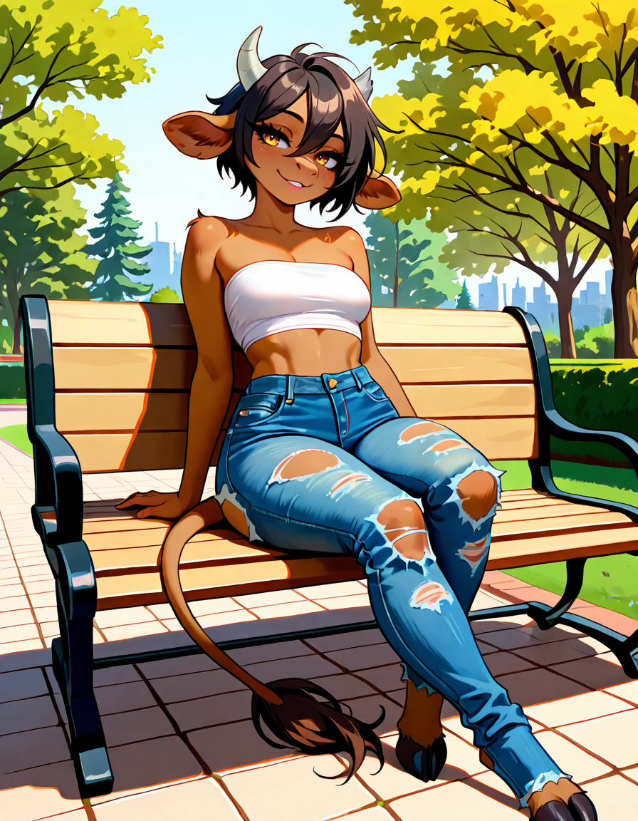 masterpiece, best quality, very aesthetic, absurdres,
outdoors, park, park bench, 
sitting, 
torn jeans, tube top, 
full body, seductive smile, parted lips, long eyelashes,
<lora:Manitka_Storm_v01_NAIXL:1>
Man1tkaStorm,1gilr,solo,furry,furry female,cow girl,cow ears,cow horns,short hair,black hair,hair between eyes,brown hair,body fur,brown fur,cow tail,hooves,