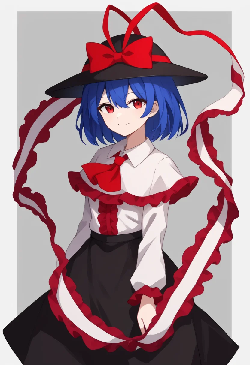 score_9,score_8_up,score_7_up,<lora:touhou_146:1>,1girl, black_hat, black_skirt, blue_hair, bow, closed_mouth, commentary_request, cowboy_shot, frilled_shawl, frilled_sleeves, frills, grey_background, hair_between_eyes, hat, hat_bow, highres, long_sleeves, looking_at_viewer, multicolored_background, nagae_iku, outside_border, protected_link, red_bow, red_eyes, shawl, shirt, short_hair, skirt, smile, solo, standing, two-tone_background, white_shirt