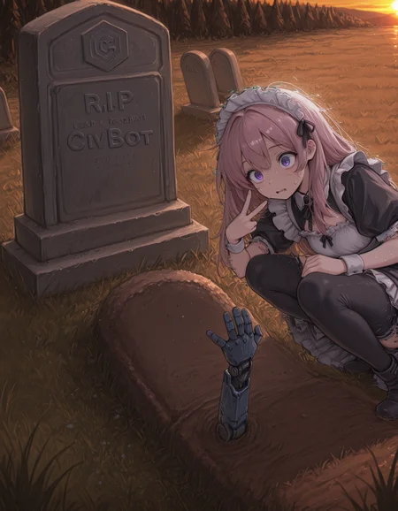 [Base Prompt] 1girl, CivChan, oll13gr4v3, peace sign, grass, squatting, tombstone, pink hair, purple eyes, thigh highs, black boots, sunset, masterpiece, best quality, amazing detail, high definition // [Regional Prompting] [Region 1] tombstone, logo, civitai logo, C, text, tombstone, RIP, CivBot, [Region 2] civchan, shocked, surprised, horrified, (glitch, chromatic aberration, digital dissolve:1.4), v-sign,  sweatdrop, maid outfit, pink hair, purple eyes, smoke, [Region 3] blue robot arm, raised fist, damaged, loose wires, rock, earth, dirt,