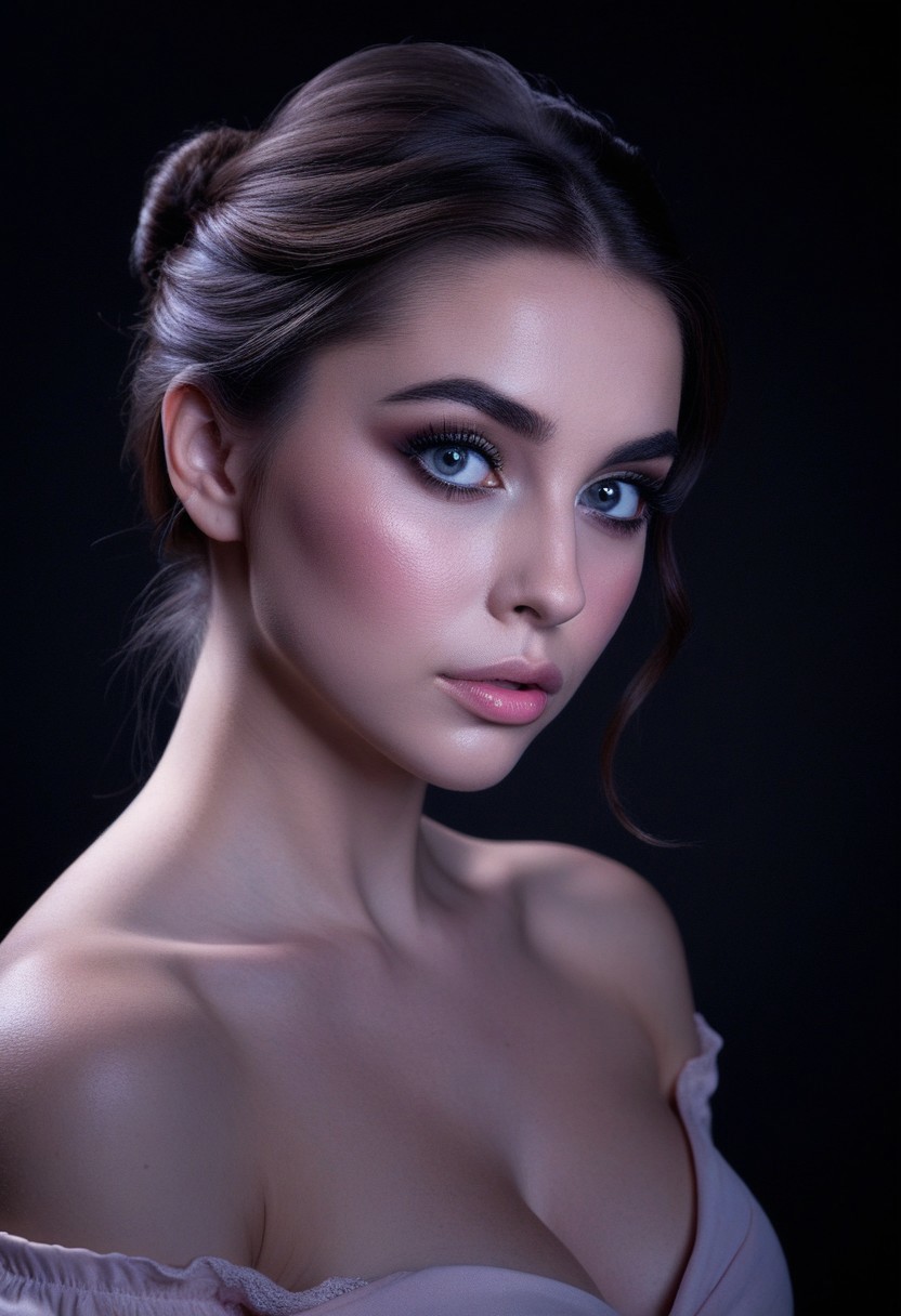 A beautiful young woman with fair, porcelain-like skin and brown hair styled in a soft, elegant low bun with a few loose strands framing her face. She has striking, large grey eyes with long eyelashes, subtle eyeshadow, defined brows, and softly blushed cheeks. Her lips are full with a natural pink gloss. She is wearing a light pastel off-shoulder top, revealing her shoulders and upper chest down to the cleavage. The image is composed from head to cleavage, with dramatic, soft lighting highlighting her features against a dark background. Moody atmosphere, high contrast, hyper-realistic, high detail, studio portrait, front-facing, centered composition