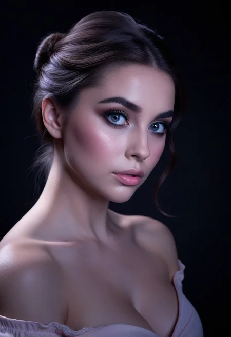 A beautiful young woman with fair, porcelain-like skin and brown hair styled in a soft, elegant low bun with a few loose strands framing her face. She has striking, large grey eyes with long eyelashes, subtle eyeshadow, defined brows, and softly blushed cheeks. Her lips are full with a natural pink gloss. She is wearing a light pastel off-shoulder top, revealing her shoulders and upper chest down to the cleavage. The image is composed from head to cleavage, with dramatic, soft lighting highlighting her features against a dark background. Moody atmosphere, high contrast, hyper-realistic, high detail, studio portrait, front-facing, centered composition