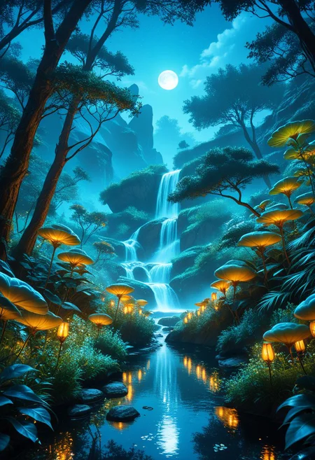 SmoothNoob_Quality, fantasy setting, moonlight, floral atmosphere, glowing floral,luminous foliage,dreamlike oasis-garden, landscape, wide shot, outdoors