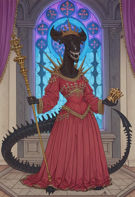 masterpiece, best quality, amazing quality, very aesthetic, absurdres, newest, Hofämterspiel, medieval style, xenif, teeth, sharp teeth, tail, no humans, monster, colored skin, black skin, claws, spikes, royal red gown, tiara, holding (golden scepter), stained glass window, purple banner, purple curtains, gold trim, <lora:XenomorphQueenIL:1> <lora:Hofämterspiel_style:1>