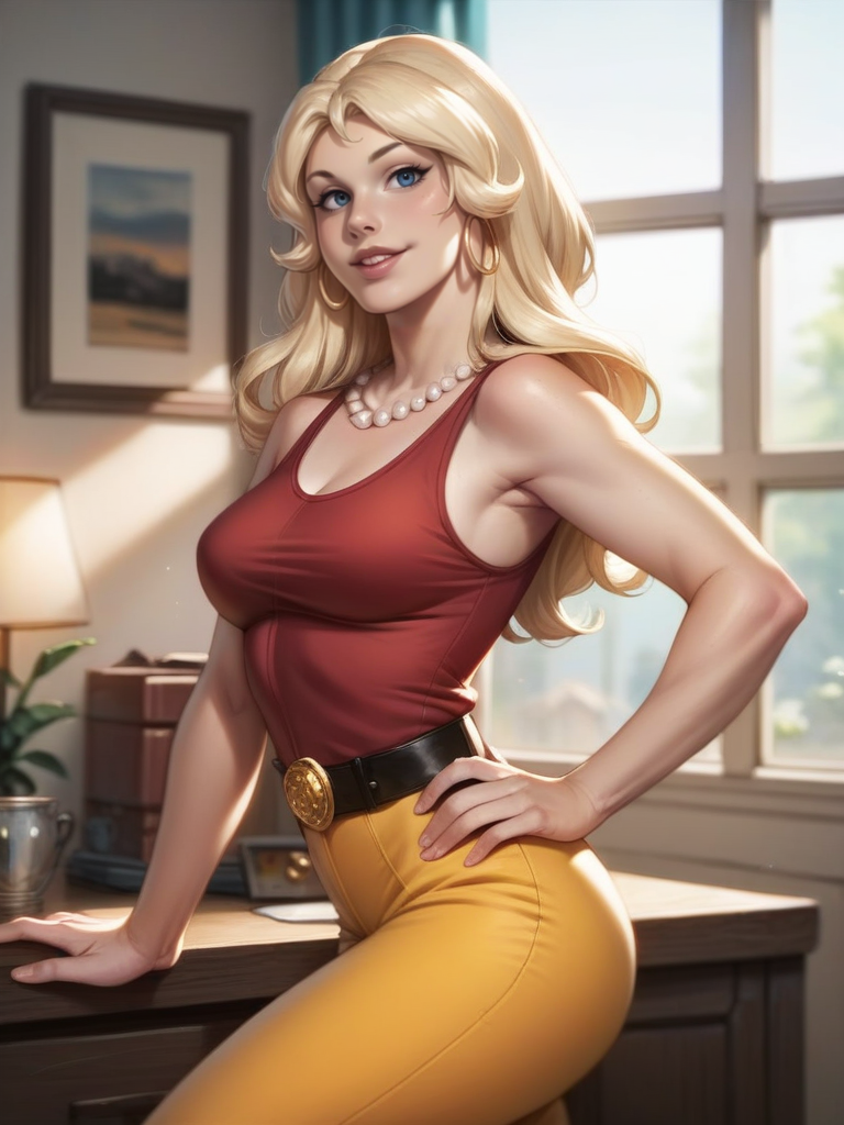 score_9, score_8_up, score_7_up, 1girl, dynamic pose, cowboy shot, light smile, looking at viewer, daylight, sexy pose, sexually suggestive, parted lips, from side, v, one hand on hip, elegant room, window, detailed background,
<lora:AGoldieGold_character:0.8>, GoldieGold, blue eyes, long hair, blonde hair, pearl necklace, hoop earrings, belt, red tank top, yellow pants, cartoon, <lora:Realistic_2.5DAnime_Merge1:0.7> realistic,