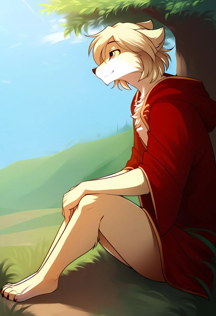 score_9, score_8_up, score_7_up, score_6_up, source_furry, rating_explicit, solo, solo focus, male, 1boy, sitting under a birch tree with a cup of tea in hand, birch, in the field, outdoors, The black and red robe, kind expression, kind little smile, Looking into the distance, clovis-twokinds detailed, five fingers, side view, side side, fluffy tail, legs together, cute paws, (((perfect body, perfect hands, perfect legs, perfect eyes, perfect face, perfect fur, perfect anatomy)))