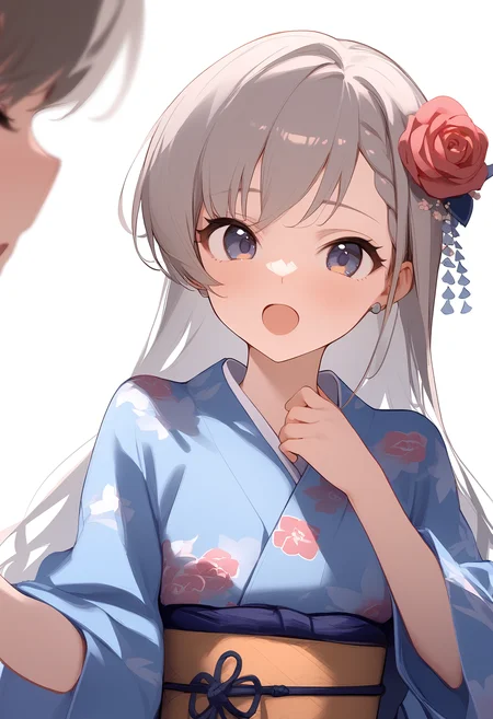 1girl,d,floral print,hisakawa hayate,long sleeves,looking at viewer,obi,open mouth,print kimono,wide sleeves,blue kimono,blush,hair flower,solo,yukata,blurry background,pink rose,simple background,upper body,white background,<lora:a31_char_new_hisakawa_hayate-000026:1>masterpiece, best quality, absurdres<lora:a31_style_koni-000010:0.8>