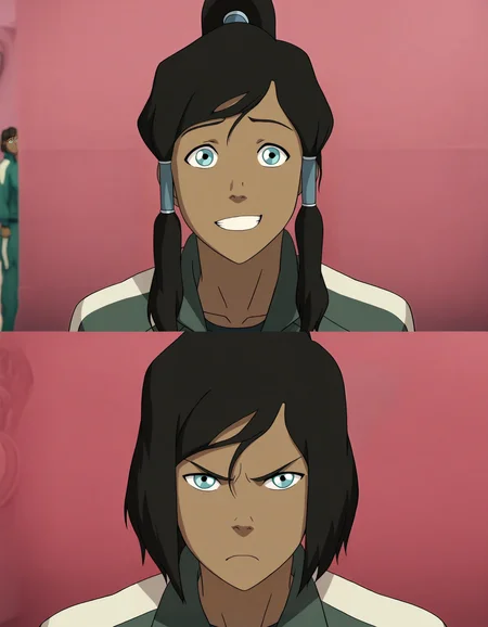 <lora:Year1&Year2SquidGameMeme_illusXLNoobAI_Incrs_v1:1> 2girls, 2koma, comic, scene reference, portrait, <lora:anime_screencap-Illustrious:0.5> anime screencap, anime coloring, very aesthetic, absurdres, zPDXL, <lora:Pony_DetailV2.0:0.5> <lora:illustrious_quality_modifiers_masterpieces_v1:1> pink wall, blurry background
break
2girls, <lora:KorULT:1> korra, 1girl, brown hair, sidelocks, ponytail, looking at viewer, female focus, dual persona, gentle smile, teeth, clenched hands, track jacket, green jacket,
break
2girls, korra, 1girl, brown hair, (short hair:1.2), looking at viewer, female focus, dual persona, (serious:1.2), closed mouth, track jacket, green jacket,