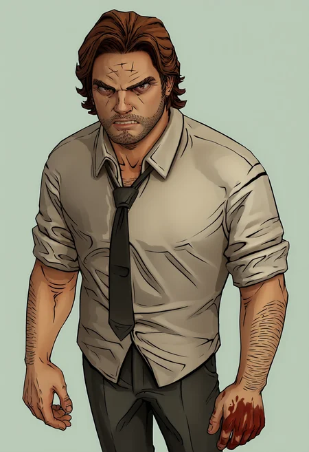 score_9, score_8_up, score_7_up, score_6_up, score_5_up, score_4_up, 1boy, <lora:BigbyWolf:0.85> solo, brown hair, facial hair, brown eyes, stubble, arm hair, standing, angry, shirt, pants, black necktie, collared shirt, blood on hands, view from above,
(light blue background), simple background,