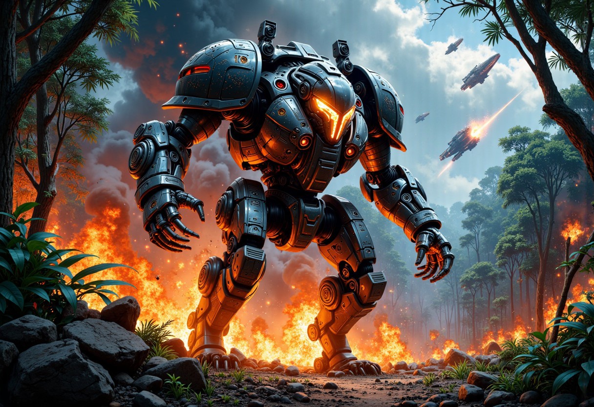 score_9, score_8_up, score_7_up, score_6_up, 
Cinematic fantasy style, sharp, (high quality, 4k, 8k, high definition, masterpiece: 1.2), illustrated movie poster, hand drawn, full color, beautiful ultra detailed book cover illustration of a ((Jungle)) mech damaged in battle - Exploding mech burns in the jungle, mech engulfed in flames, background - jungle, battle, starships flying in the sky, future, sci-fi, jungle fight scene, 4k, hyper detail, fantasy style, hyper realistic, spectacular style, cinematic style, no background fantasy style, hyper detail, professional art, bartosz tchorzewski fantasy style, high detail, hyper detail, 4k, realistic style, face painting style fantasy style, 4k, painterly style, hyper detail, dark room, hdr, intricate, elegant, highly detailed, sharp focus, ((((cinematic look))), soothing tones, crazy details, intricate details, hyper detailed, low contrast, soft cinematic light, dull colors, exposure blending, hdr, blurred, 
intricate details, rating_questionable, fantasy setting,
, high resolution,
highres,