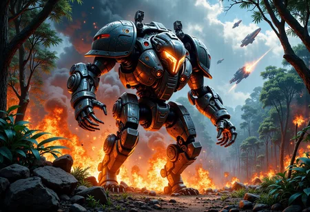 score_9, score_8_up, score_7_up, score_6_up,
Cinematic fantasy style, sharp, (high quality, 4k, 8k, high definition, masterpiece: 1.2), illustrated movie poster, hand drawn, full color, beautiful ultra detailed book cover illustration of a ((Jungle)) mech damaged in battle - Exploding mech burns in the jungle, mech engulfed in flames, background - jungle, battle, starships flying in the sky, future, sci-fi, jungle fight scene, 4k, hyper detail, fantasy style, hyper realistic, spectacular style, cinematic style, no background fantasy style, hyper detail, professional art, bartosz tchorzewski fantasy style, high detail, hyper detail, 4k, realistic style, face painting style fantasy style, 4k, painterly style, hyper detail, dark room, hdr, intricate, elegant, highly detailed, sharp focus, ((((cinematic look))), soothing tones, crazy details, intricate details, hyper detailed, low contrast, soft cinematic light, dull colors, exposure blending, hdr, blurred,
intricate details, rating_questionable, fantasy setting,
, high resolution,
highres,