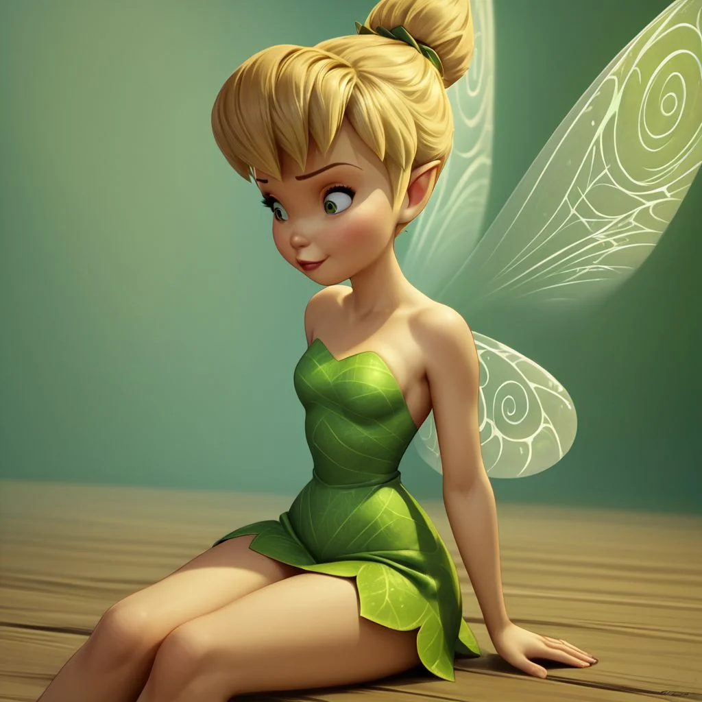 score_9, score_8_up, score_7_up, score_6_up, score_5_up, score_4_up, 1girl, Tinkerbell, rating_questionable, fairy, Fairy wings, small breasts, sitting on the floor
