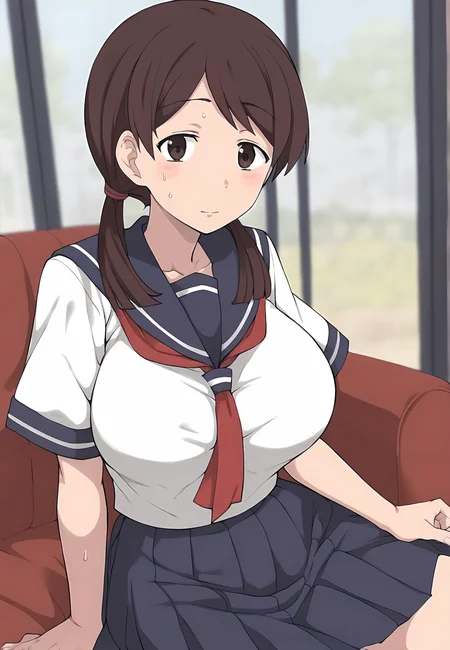 score_9,style by terasu mc BREAK school,blurry background,depth of field BREAK solo focus, <lora:model-xl:0.9> nao_\(terasu_mc\), brown hair, big breasts, low twintails,school uniform, looking at viewer,