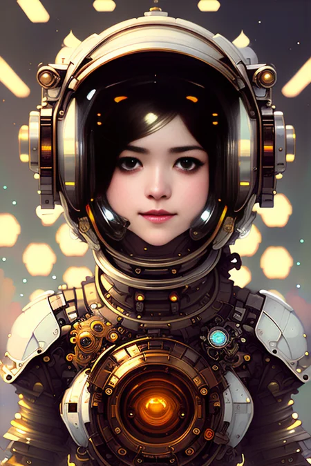a painting of a beautiful woman wearing an Astronaut helmet , scifi , on a space station . Highly detailed, intricate, detailed pupils, art by onche_ondulay
