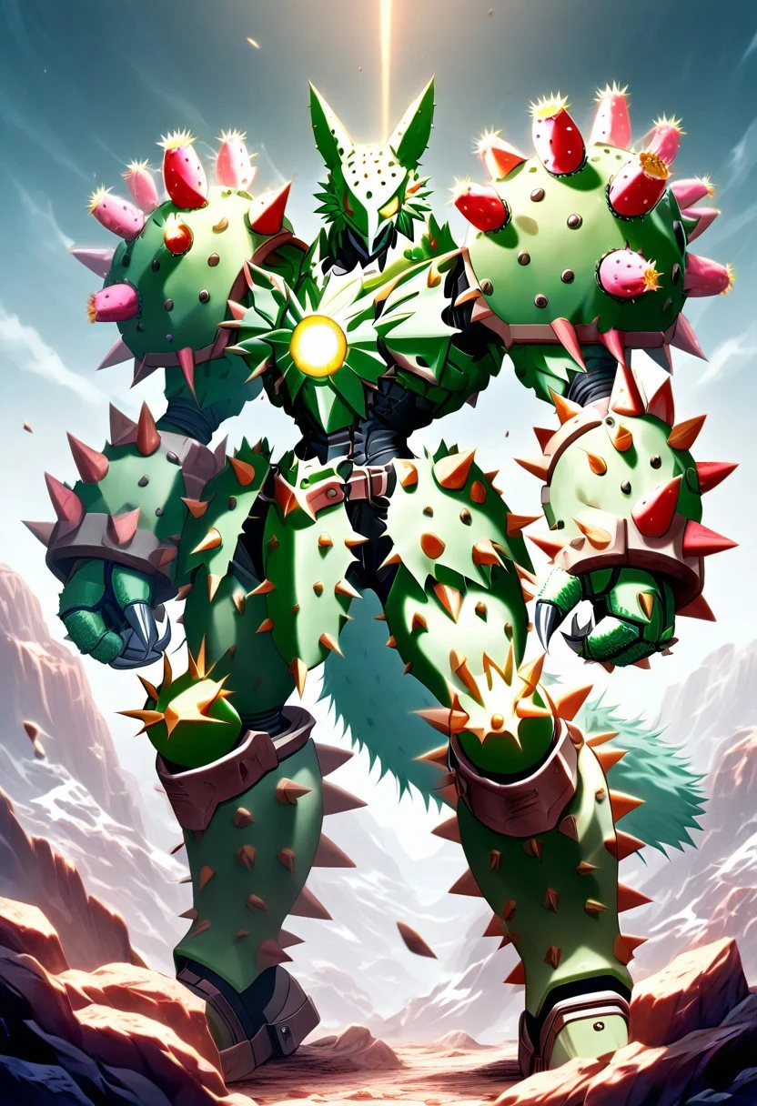 score_9, score_8_up, score_7_up, cs-l3ath3r, NCRender,
Hidegarurumon is a fierce, wolf-like Digimon covered in rugged, dark brown Prickly Cactus armor. Its fur is sparse and resembles a patchwork of aged, Prickly Cactus pieces that provide both flexibility and durability. The armor on its body is reinforced with Prickly Cactus straps and buckles, designed to offer both protection and mobility. Its glowing yellow eyes shine through a mask-like Prickly Cactus faceplate, and sharp Prickly Cactus claws extend from its paws, capable of tearing through most materials. A large, jagged Prickly Cactus tail swishes behind it, hardened to serve as both a weapon and a tool for balance in combat. NCRender