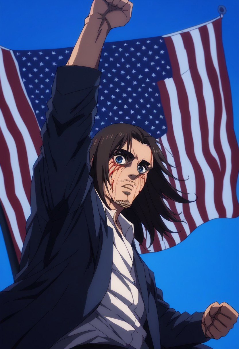 score_9, score_8_up, score_7_up, score_6_up, source_anime, highly detailed, eren_yeager_s4, brown hair, blue eyes, long hair, facial hair, stubble assassinationattempt, American flag / flag, solo, pole, blue sky, arm up, clenched hand, blood on face