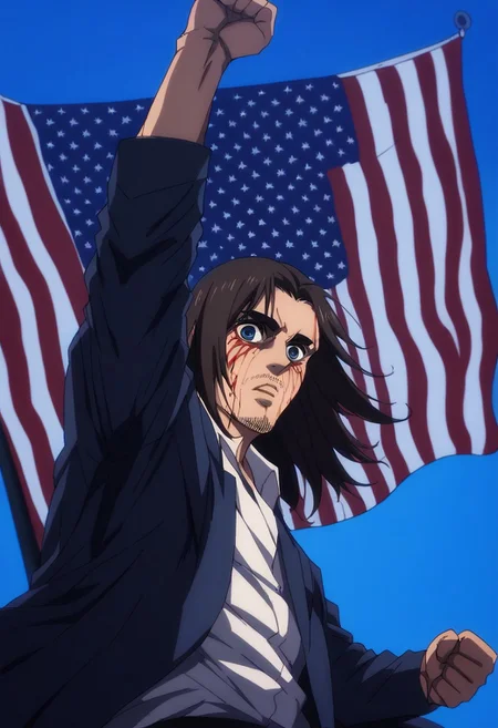 score_9, score_8_up, score_7_up, score_6_up, source_anime, highly detailed, eren_yeager_s4, brown hair, blue eyes, long hair, facial hair, stubble assassinationattempt, American flag / flag, solo, pole, blue sky, arm up, clenched hand, blood on face