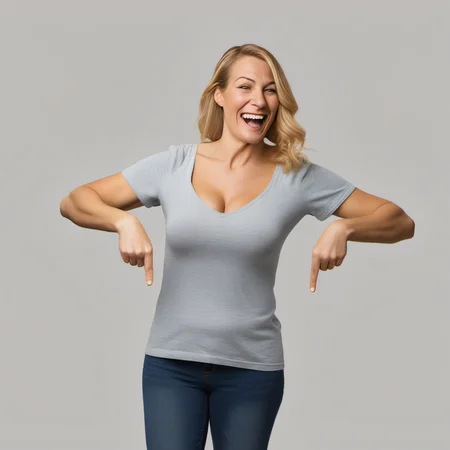 pointingdown, 1girl, pointing down, legs hidden, no background, <lora:pointingdown:1>, two hands pointing, smile, open eyes, Blonde Hair, Pig Tails, Skinny, (Massive Breasts:1.2), (Cleavage:1.1), (Mature Female:1.1), Skimpy Clothing, Wide Hips
