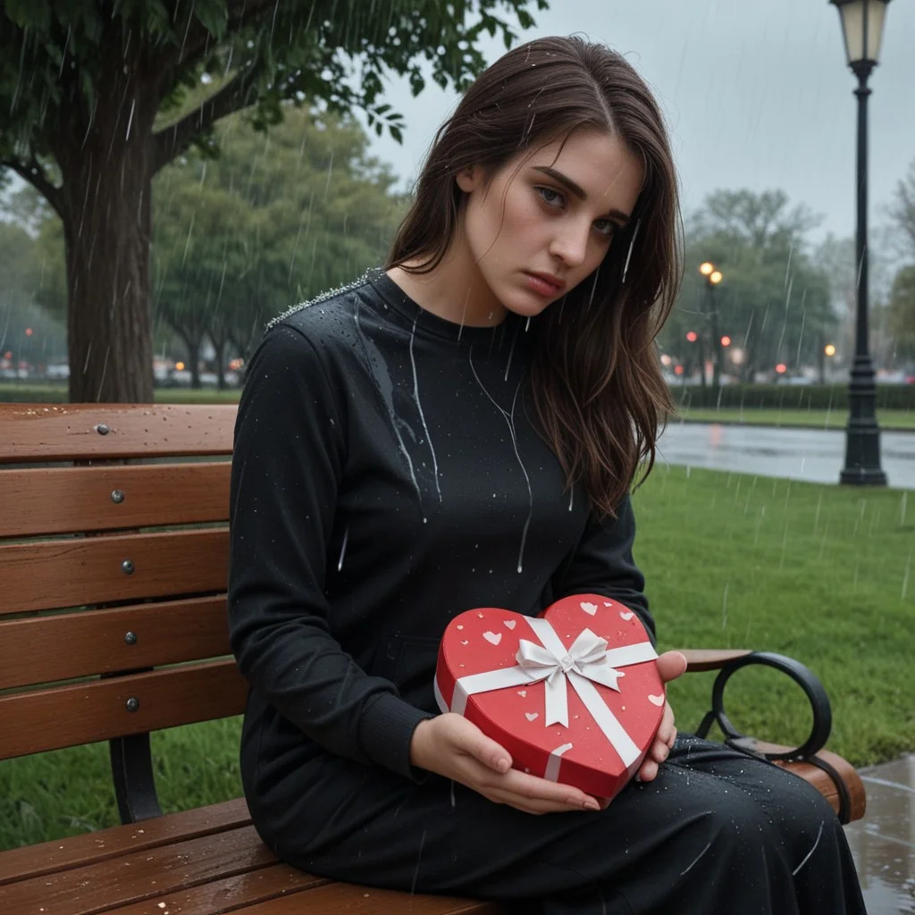 Realistic,HD,8k,
A girl,
In the rain ,broken heart , in valentine day,looking at the sky ,holding a gift box,look sad,
,
Sit on bench ,in a park ,smooth lighting,dynamic pose,
,
high quality,