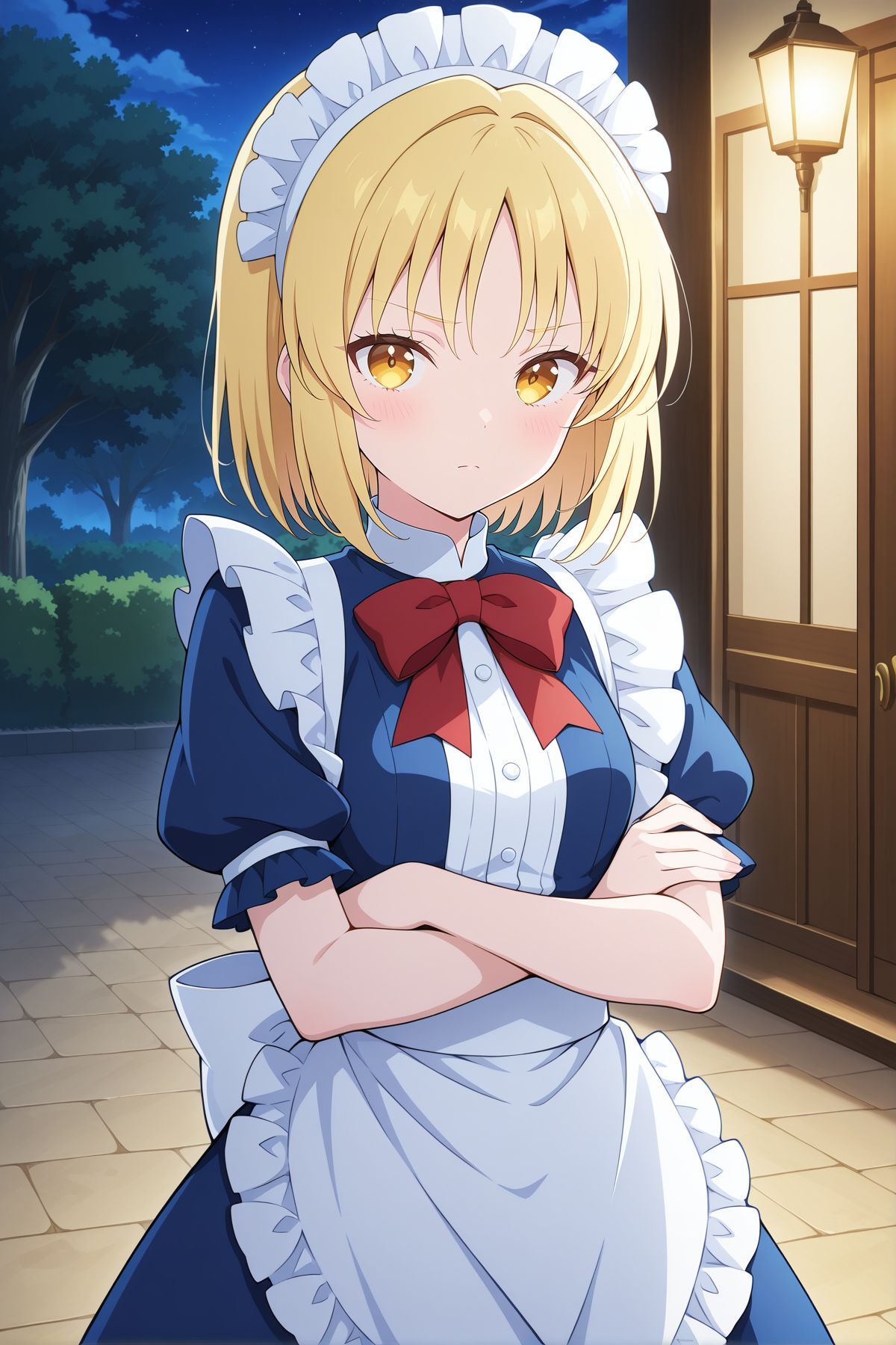 absurdres, highres, masterpiece, best quality, amazing quality, official anime artwork, screencap, anime screencap, outdoors, looking at viewer, crossed arms, night, 
 <lora:Mugetsu_Illustrious:1> mugetsu, yellow eyes, blonde hair, short hair, small breasts,, maid headress, red bowtie, blue dress, puffy short sleeves, frilled apron, waist apron, white apron,