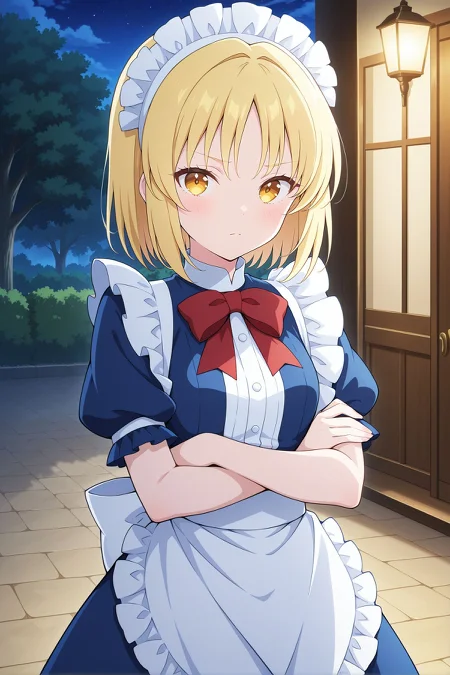 absurdres, highres, masterpiece, best quality, amazing quality, official anime artwork, screencap, anime screencap, outdoors, looking at viewer, crossed arms, night, 
 <lora:Mugetsu_Illustrious:1> mugetsu, yellow eyes, blonde hair, short hair, small breasts,, maid headress, red bowtie, blue dress, puffy short sleeves, frilled apron, waist apron, white apron,