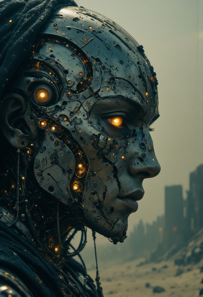 An extreme close-up of the nun’s face, framed by the intense, gritty realism of an old analog camera. The mechanical hknuns nun wears a detailed, ancient silver mask, its surface weathered and battle-scarred, yet intricately adorned with delicate engravings. The mask reflects the faint glow of divine energy, with radiant golden and white light flickering across its surface, highlighting every crevice and contour. Light shimmers and dances along the metallic surface, casting sharp contrasts between the glowing highlights and the deep shadows that fill the engraved details. The eyes of the mask are hollow and eerie, yet there’s an ethereal light faintly pulsing from within, suggesting a divine power concealed behind the cold steel. Around her, the chaotic swirl of a dense, raging sandstorm blurs the edges of the image, creating an atmosphere of both serenity and violence. The violent storm is reflected in the shiny mask, capturing the dark, swirling sands while beams of holy light flicker from her weapon, illuminating her haunting presence in the middle of the storm.