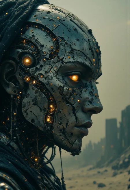 An extreme close-up of the nun’s face, framed by the intense, gritty realism of an old analog camera. The mechanical hknuns nun wears a detailed, ancient silver mask, its surface weathered and battle-scarred, yet intricately adorned with delicate engravings. The mask reflects the faint glow of divine energy, with radiant golden and white light flickering across its surface, highlighting every crevice and contour. Light shimmers and dances along the metallic surface, casting sharp contrasts between the glowing highlights and the deep shadows that fill the engraved details. The eyes of the mask are hollow and eerie, yet there’s an ethereal light faintly pulsing from within, suggesting a divine power concealed behind the cold steel. Around her, the chaotic swirl of a dense, raging sandstorm blurs the edges of the image, creating an atmosphere of both serenity and violence. The violent storm is reflected in the shiny mask, capturing the dark, swirling sands while beams of holy light flicker from her weapon, illuminating her haunting presence in the middle of the storm.