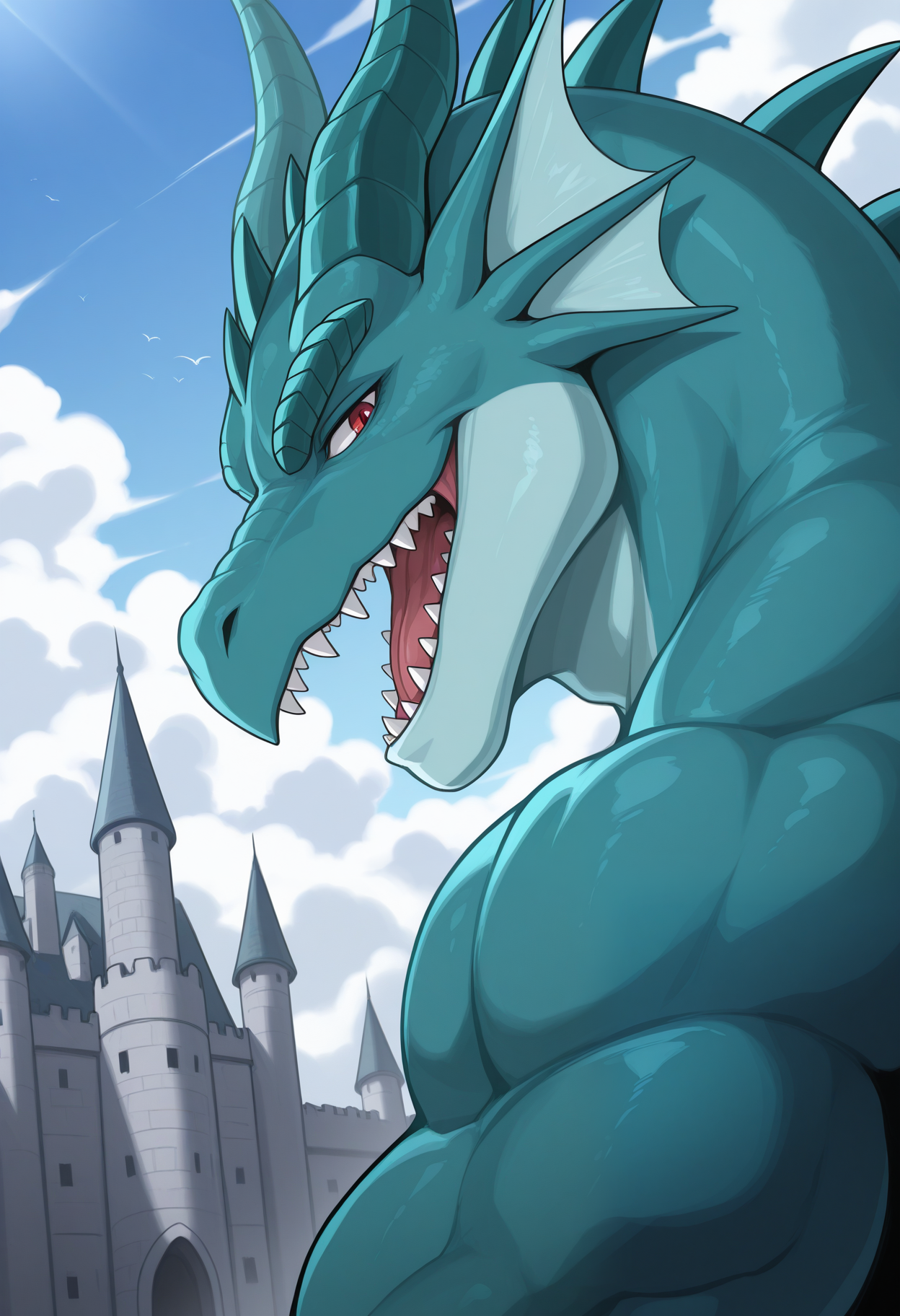 masterpiece,best quality,amazing quality, 1boy, solo, t1m43us, dragon, bara, muscular male, open mouth, looking at viewer, close up, side angle, castle,