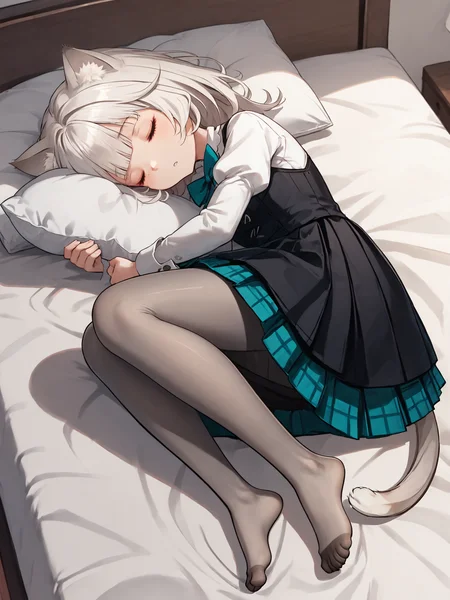 score_9, score_8_up, score_7_up, score_6_up, source_anime BREAK
1girl, solo, lying on bed, full body, from above, bedroom, <lora:Genshin_Little_Lynette_Pony_v1:0.75>, medium hair, long hair, long sleeves, black dress, black vest, collared shirt, teal bow, cat ears, parted lips, cat tail, (white hair:1.5), (grey pantyhose:1.5), puffy sleeves, bowtie, teal plaid skirt, pleated skirt, no shoes, (eyes closed, sleeping:1.5), white pillow, curled up, hugging a huge cat pillow