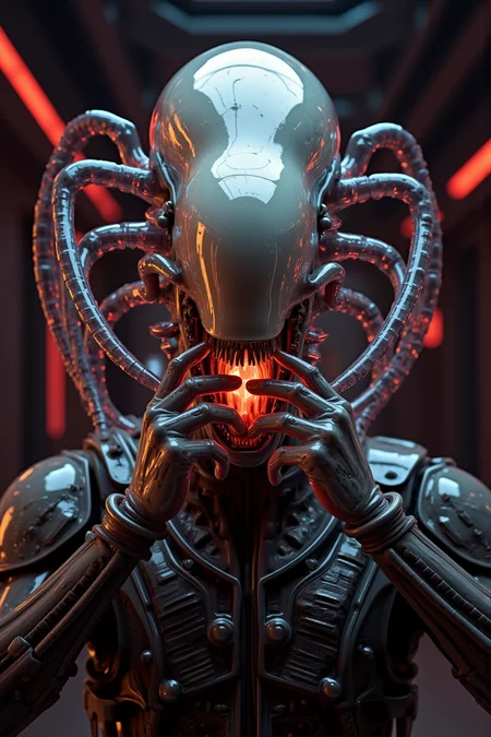 Acrylic, Translucent style, A person in a facehugger attack, a colonial marine in battle-scarred armor, the facehugger's spindly legs gripping their head, its pulsating body pressed firmly against their mouth, the flickering red warning lights of a Xenomorph-infested corridor adding to the oppressive atmosphere.