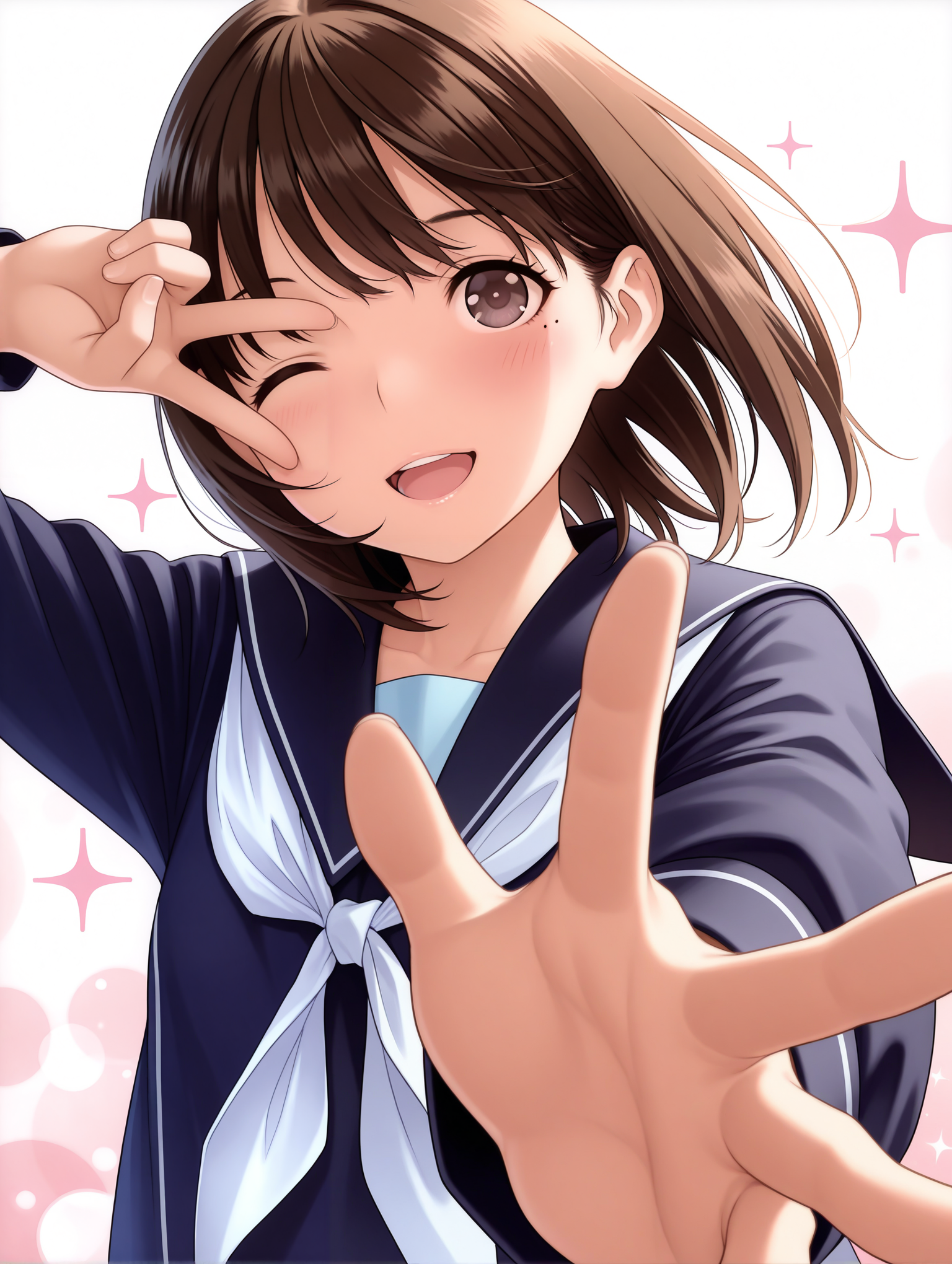 masterpiece,best quality,amazing quality,
1boy,solo,
<lora:anegasaki_nene_ilxl_v1:1>,nene,brown hair,brown eyes,mole_under_eye,n_b_clothes,long_sleeves,blue serafuku,neckerchief,
<lora:Fixhands_anime_bdsqlsz_V1:1>,face_focus,(reaching towards viewer:1.2),outstretched arm,open mouth,front view,upper_body,light_blush,panorama,:d,reaching towards viewer,blush,one eye closed,sparkle,blush,face_focus,bokeh,dynamic_angle,cinematic_angle,dutch angle,foreshortening,fisheye,white_background,simple_background,v over eye,