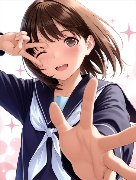 masterpiece,best quality,amazing quality,
1boy,solo,
<lora:anegasaki_nene_ilxl_v1:1>,nene,brown hair,brown eyes,mole_under_eye,n_b_clothes,long_sleeves,blue serafuku,neckerchief,
<lora:Fixhands_anime_bdsqlsz_V1:1>,face_focus,(reaching towards viewer:1.2),outstretched arm,open mouth,front view,upper_body,light_blush,panorama,:d,reaching towards viewer,blush,one eye closed,sparkle,blush,face_focus,bokeh,dynamic_angle,cinematic_angle,dutch angle,foreshortening,fisheye,white_background,simple_background,v over eye,