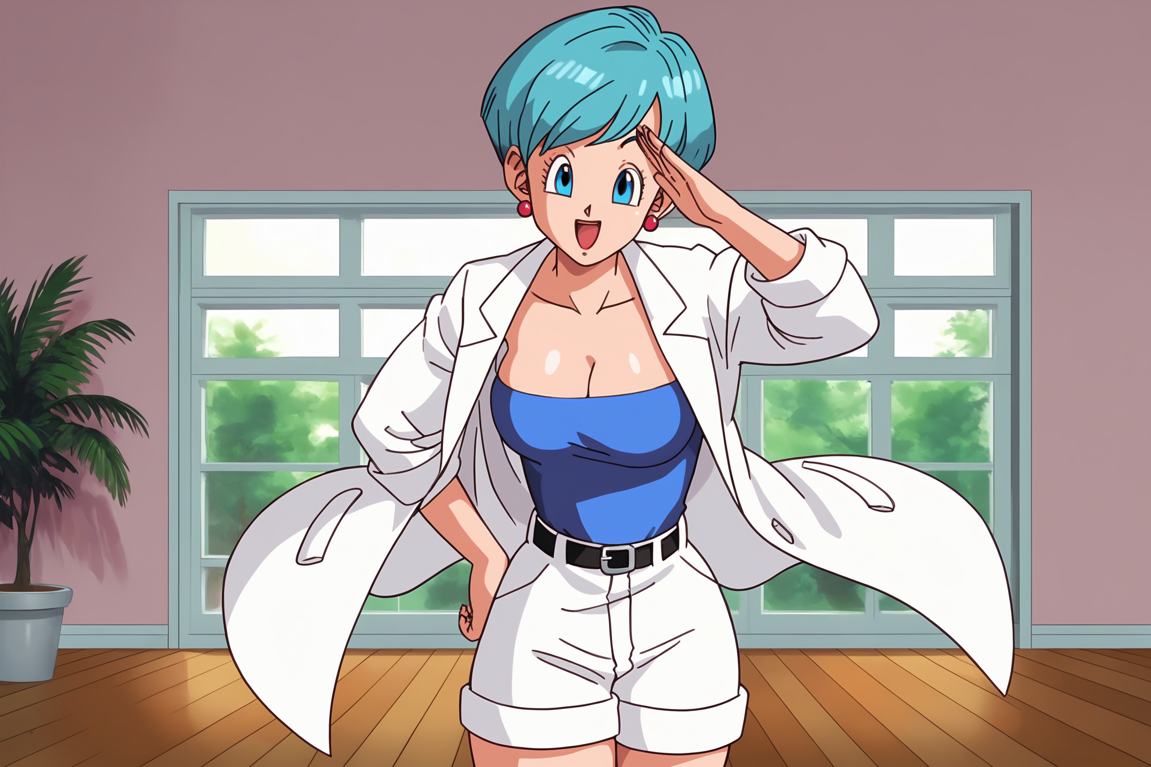 source_anime, score_9, score_8_up, score_7_up, anime screencap, absurd res,
bulma, DBZ, labcoat outfit, raditz saga, official style, 1girl, solo, breasts, looking at viewer, smile, very short hair, cowboy shot, open mouth, blue eyes, large breasts, tube top, blue topwear, floating clothes, cleavage, indoors, wood floor, carpet, pink wall, plant pot, medium breasts, blue hair, earrings, fingernails, belt, tree, hand on hip, strapless, aqua hair, white shorts, salute, collarbone, raised eyebrows, eyelashes, shirt tucked in, open jacket <lora:DB_Bulma_v2-000046:0.8>