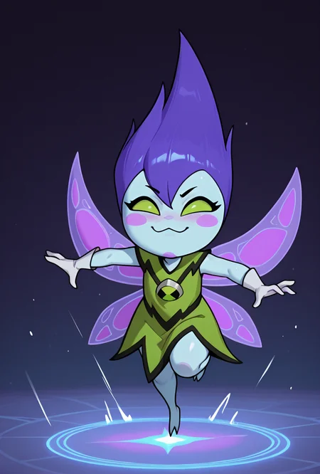 <lora:peskydust-09:1> peskydust, blue skin, fairy wings, blush stickers, 1girl, white gloves, green eyes, green dress, purple hair, dynamic pose, :3,, masterpiece, best quality, amazing quality, very aesthetic, absurdres, newest,
