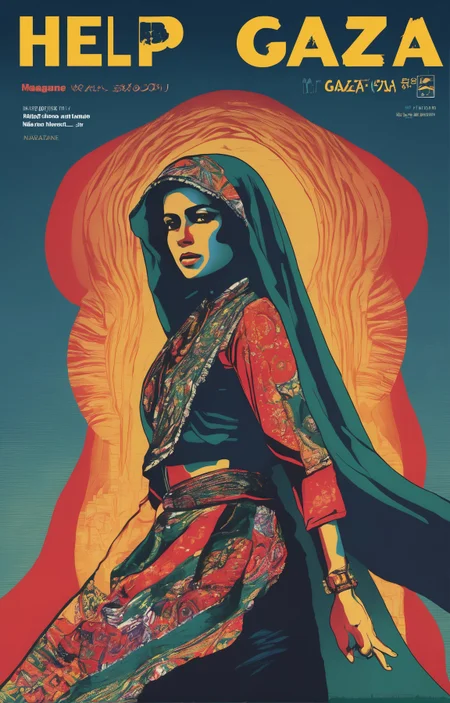 ("HELP GAZA" magazine cover text "HELP GAZA":3), poster art by Otomo Katsuhiro, photo art by casey weldon, poster of a fierce palestinian woman wearing a hijab, fire-hued colors