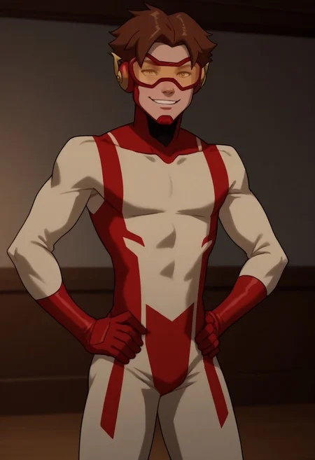 score_9, score_8_up, score_7_up, highly detailed, cute boy, 1boy, solo, Impulseyj, red framed goggles yellow lenz, red and white bodysuit, brown hair, smug smile, hands on hips