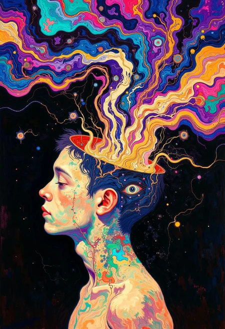 A surreal side-profile of a human head with the top of their skull open, revealing a cascade of thoughts escaping into the air. These thoughts take the form of vibrant, swirling, hallucinatory smoke, twisting and expanding upwards into a mesmerizing, colorful cloud. The smoke is an explosion of neon blues, purples, pinks, oranges, and greens, blending seamlessly like a psychedelic dream. Abstract shapes, eyes, and fleeting visions appear within the smoke, symbolizing imagination and consciousness. The background is dark, making the luminous colors stand out, creating a hypnotic, otherworldly glow. The face itself is calm and serene, lost in deep thought. The image exudes creativity, mystery, and the boundless nature of the mind.