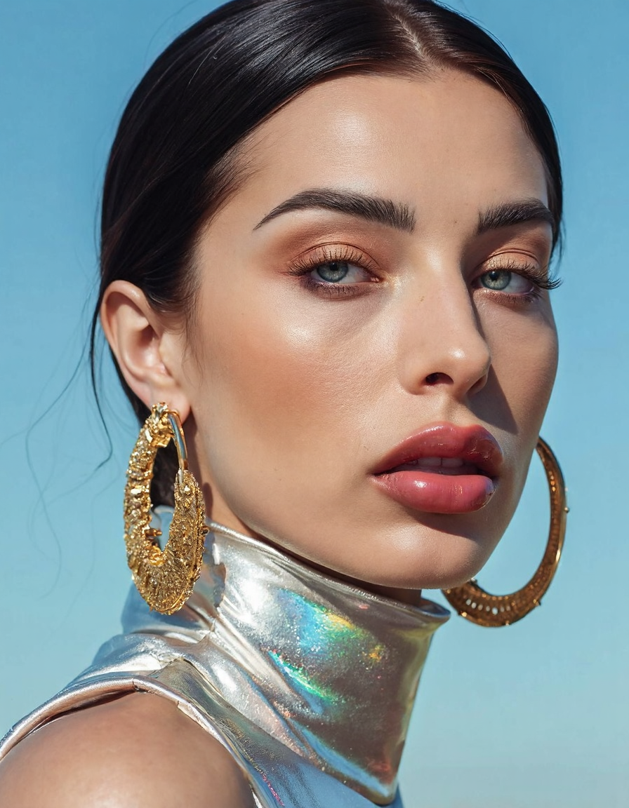A hyper-detailed, avant-garde photograph featuring a striking woman with pale light skin against a clear, light blue sky. Her full-face close-up highlights the smooth texture of her flawless complexion. Shimmering metallic eyeshadow enhances the depth of her piercing gaze, while her glossy, deep red lips create a bold contrast to her skin. Large, intricately detailed golden hoop earrings reflect light, contributing to her modern allure. She wears metallic urban Buddhist monk clothing, with a turtle neck that enhances her avant-garde look. The reflective surfaces of her earrings and outfit create a dynamic interplay with the environment, emphasizing her sleek presence. The minimalist background allows the viewer to focus on her eye-catching fashion and makeup. Captured with a Sony A7R IV camera and a 50mm f/1.2 G Master lens for a beauty editorial shoot, this composition highlights her fashion-forward aesthetic. Inspired by avant-garde fashion photography from Sølve Sundsbø, this image blends contemporary fashion and minimalist elegance, embodying mythp0rt and niji_flux styles for a sleek, high-fashion vision. ((glow_skin, iridescent skin, oily skin, portrait)).