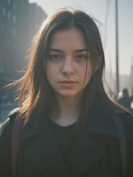 photography, city street, closeup portrait photo of young woman in dark clothes, sunny, daylight, fog, Fujifilm XT3, Canon R5, Fujicolor Fujichrome Velvia 100